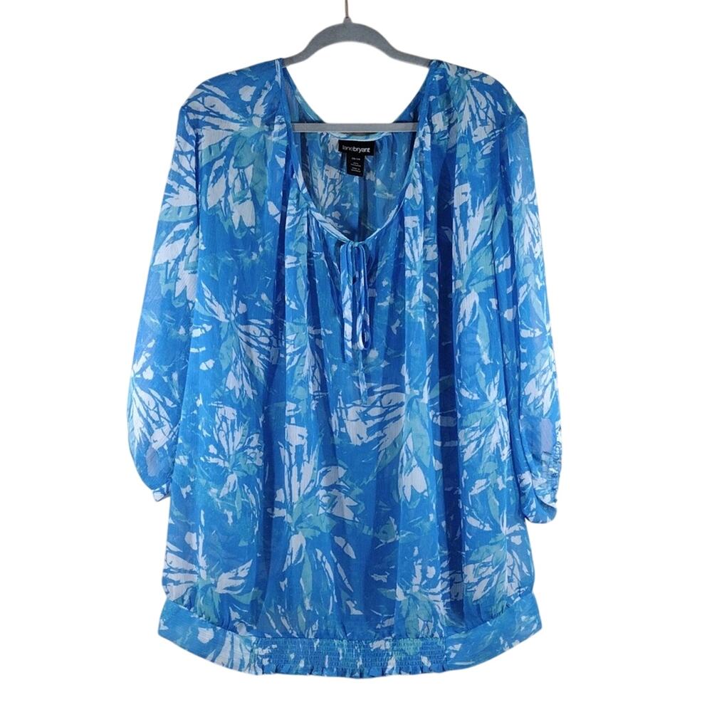 Lane Bryant Blouse Women’s 26/28 Blue White Floral Flowy Lightweight Plus Size
